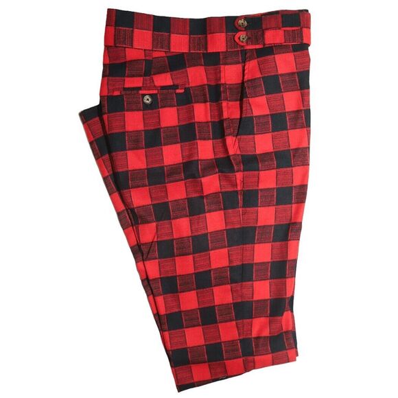Mens Gurkha Pants Red Black Plaid Check Slim Straight High Waist Flat Front 34 - Picture 1 of 7